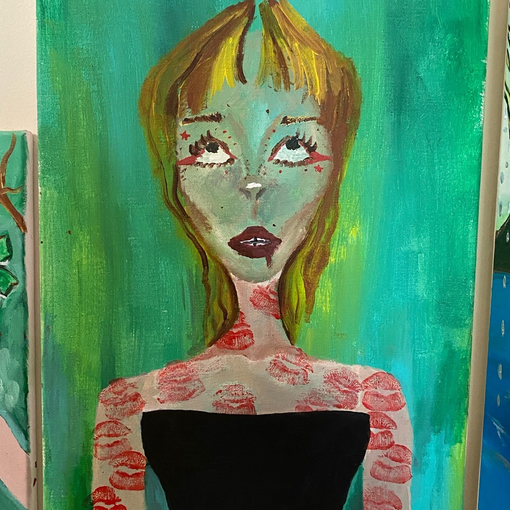 Surreal Painting with Green Background and Red Accents
